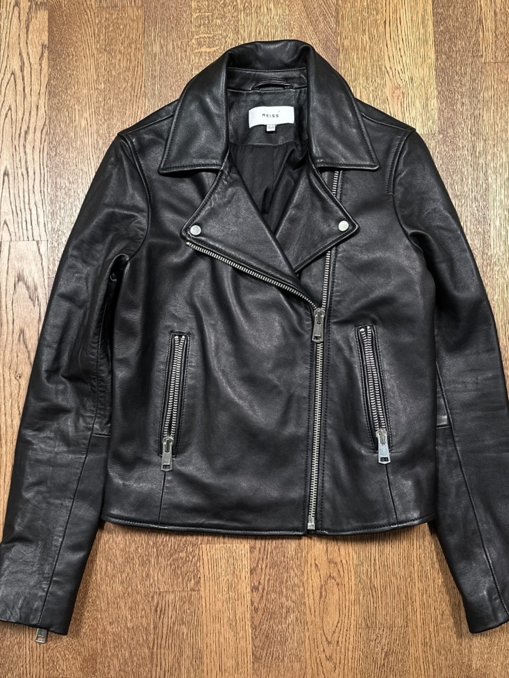 REISS Geo Sheep Sheepskin Leather Slim Black Brando Moto Jacket Womens US 6